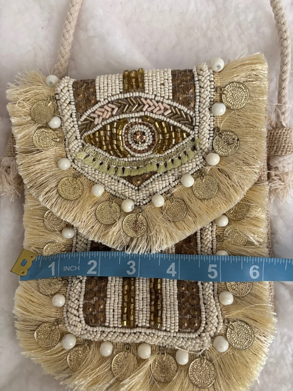 Antik Kraft Boho Fringe Crossbody Bag in Cream and Brown - Picture 7 of 9